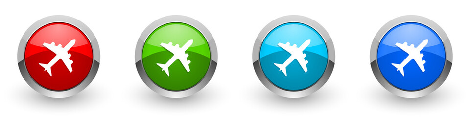Fototapeta premium Flight silver metallic glossy icons, plane, aircraf concept set of modern design buttons for web, internet and mobile applications in four colors options isolated on white background