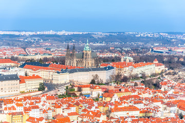 Aerial view of Prague Castle, Czech: Prazsky hrad, with Saint Vitus Cathedral. Panoramic view from Petrin lookout tower. Prague, Czech Republic