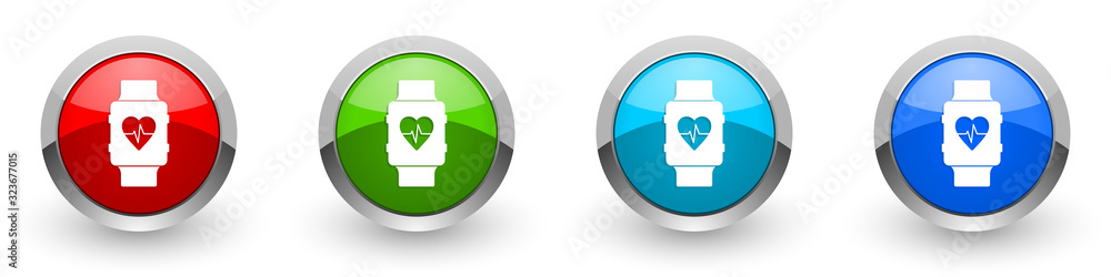 Poster smartwatch silver metallic glossy icons, smart watch, fitness concept set of modern design buttons f