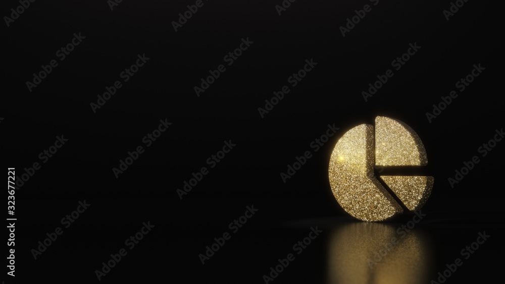 Poster science glitter gold glitter symbol of chart pie 3d rendering on dark black background with blurred 