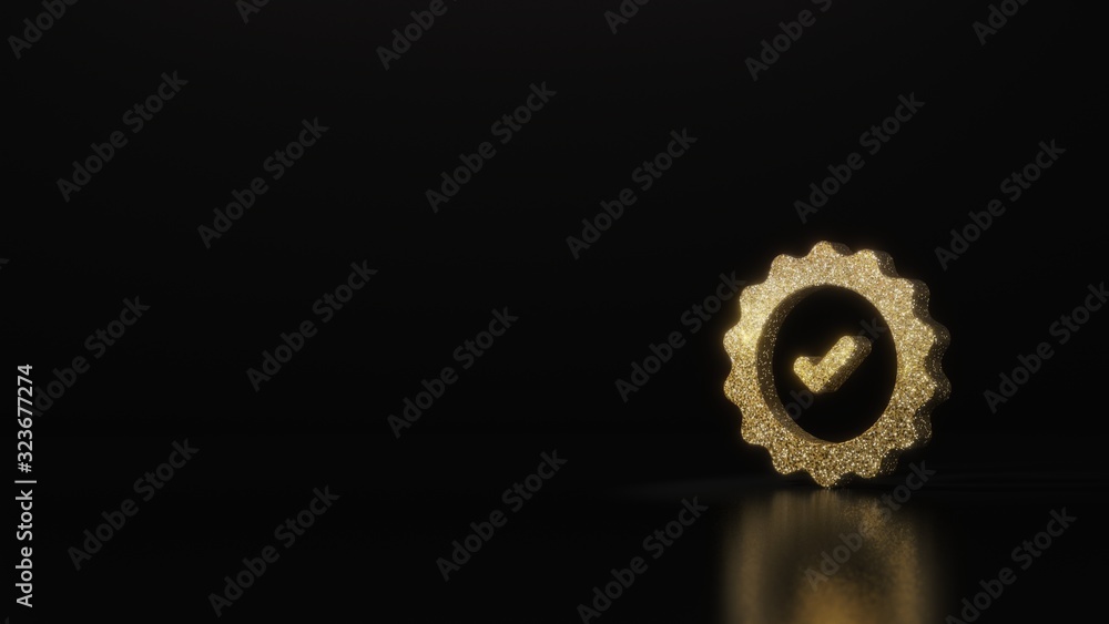 Poster science glitter gold glitter symbol of check 3d rendering on dark black background with blurred refl