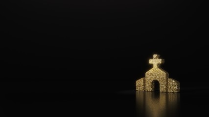 science glitter gold glitter symbol of church 3D rendering on dark black background with blurred reflection with sparkles