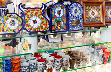 Handcrafted ceramics in souvenir shop in Barcelona