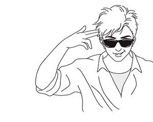 Man wearing glasses, pointing finger gun to head. Intimidate someone to meet. vector illustration isolated cartoon hand drawn