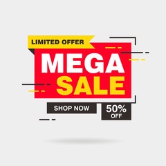 Simple Flat Mega Sale Letter Sign Shape Banner Design, Discount Banner Template Vector for advertising, social media, web banner