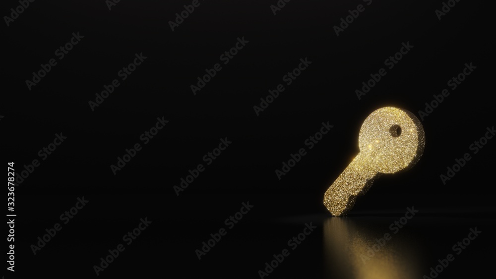 Poster science glitter gold glitter symbol of key 3d rendering on dark black background with blurred reflec