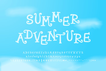 Summer adventure. White curly font on blue sky background. Hand drawn uppercase and lowercase alphabet letters, numbers, punctuation marks. Cartoon typeface for summer design