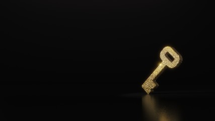 science glitter gold glitter symbol of key 3D rendering on dark black background with blurred reflection with sparkles