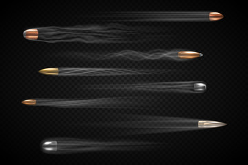 Realistic flying bullet with smoke trace isolated, a set of shot bullets in slow motion, various types firearm projectiles, gunfire vector illustrations - obrazy, fototapety, plakaty
