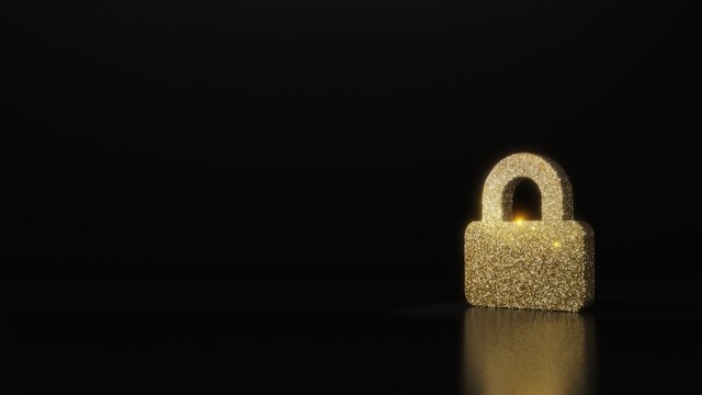science glitter gold glitter symbol of lock 3D rendering on dark black background with blurred reflection with sparkles