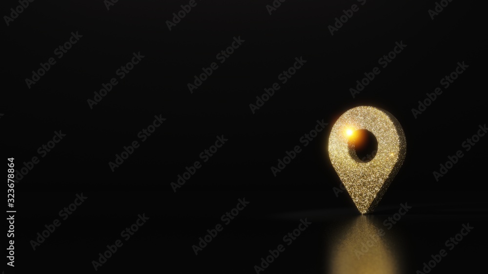 Poster science glitter gold glitter symbol of map marker 3d rendering on dark black background with blurred