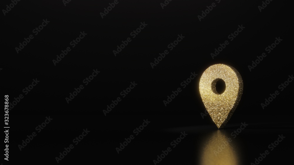 Poster science glitter gold glitter symbol of map placeholder 3d rendering on dark black background with bl