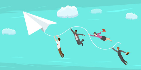 Isometric Vector Concept of Goal Achievement. Business Team are Flying to Their Target On the White Paper Plane. Strategy of Effective Collaboration.