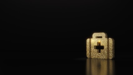 science glitter gold glitter symbol of med kit 3D rendering on dark black background with blurred reflection with sparkles