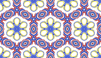 Fototapeta premium Embroidery in the traditions of Peru, Aztecs and Maya. Geometric folk ornament fabric. Colorful seamless pattern in Spanish, Mexican, African, American Indian rug. Tribal embroidery. Old carpet.