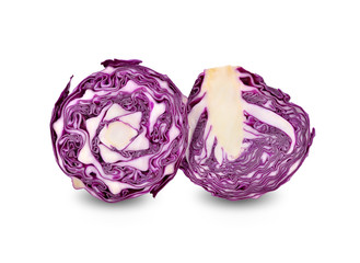half cut fresh red cabbage on white background