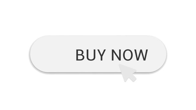 Buy now button icon. White Button with buy now text, shopping cart and white click arrow, 4K animation footage clip
