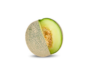 whole and cut green melon with stem on white background