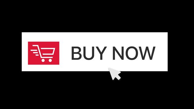 Buy now button icon. White Button with buy now text, shopping cart and white click arrow, 4K animation footage clip