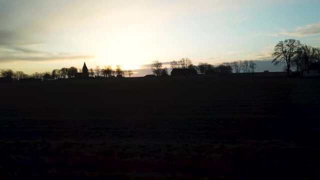 Sunrise over southern Sweden (Scania) landscape from highway