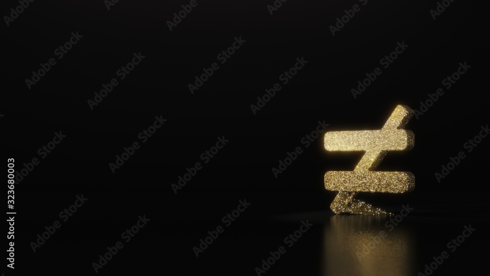 Poster science glitter gold glitter symbol of not equal 3d rendering on dark black background with blurred 