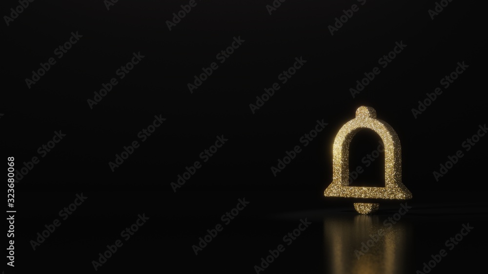 Poster science glitter gold glitter symbol of notifications bell button 3d rendering on dark black backgrou