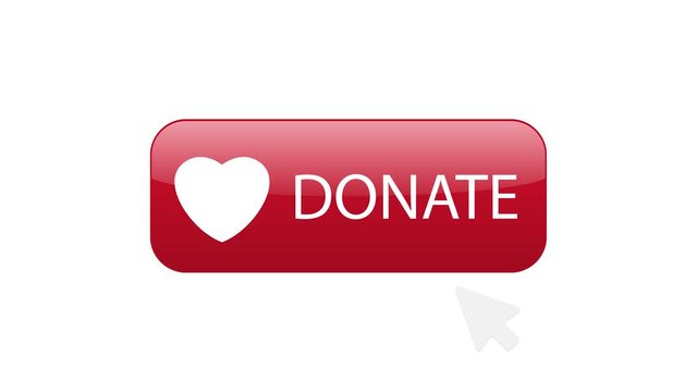 Donate button icon. Red Button with white heart symbol and white click arrow, 4K animation footage clip
