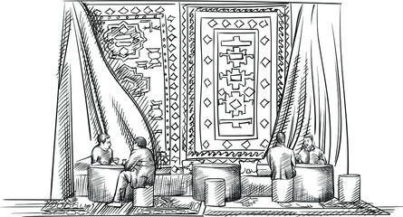 Sketch of traditional tea ceremony in Azerbaijan. Men drinking tea sitting on couches. The scene is decorated with carpet background