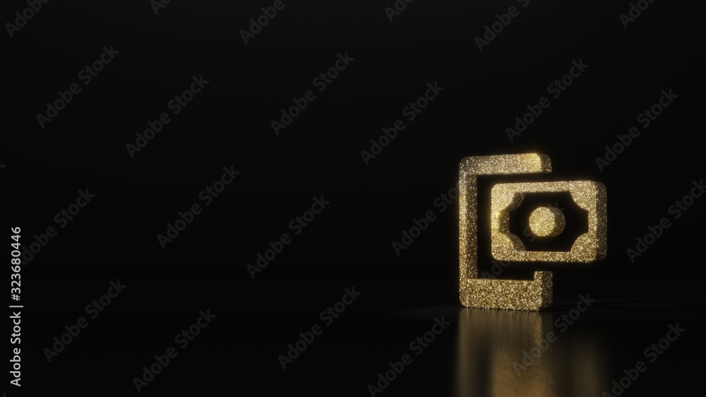 Poster science glitter gold glitter symbol of payment method 3d rendering on dark black background with blu