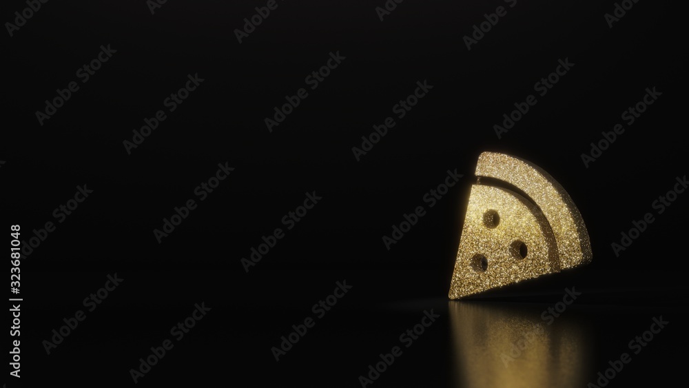 Poster science glitter gold glitter symbol of pizza slice 3d rendering on dark black background with blurre