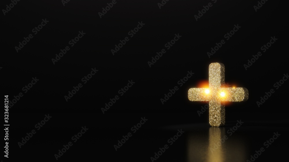 Poster science glitter gold glitter symbol of plus 3d rendering on dark black background with blurred refle