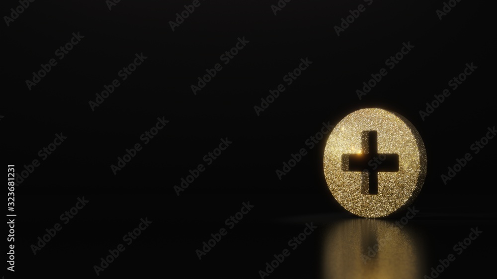 Poster science glitter gold glitter symbol of plus circle 3d rendering on dark black background with blurre