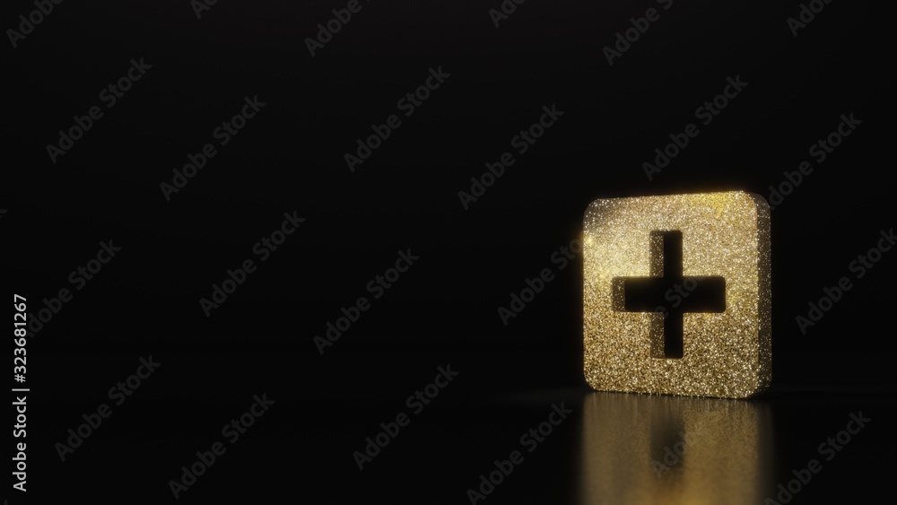 Poster science glitter gold glitter symbol of plus square 3d rendering on dark black background with blurre