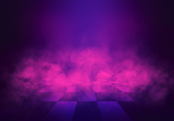 Dark abstract background. Empty street at night, purple smoke, smog.