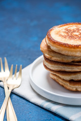 Fresh Fluffy Pancakes Stack on Plate. Copy Space