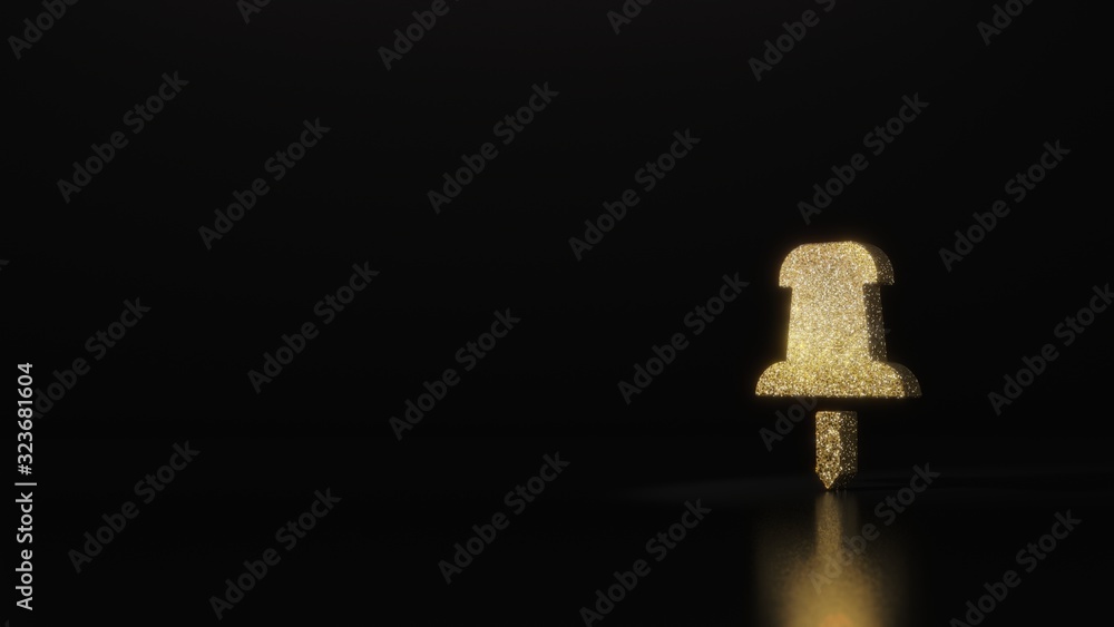 Poster science glitter gold glitter symbol of push pin 3d rendering on dark black background with blurred r
