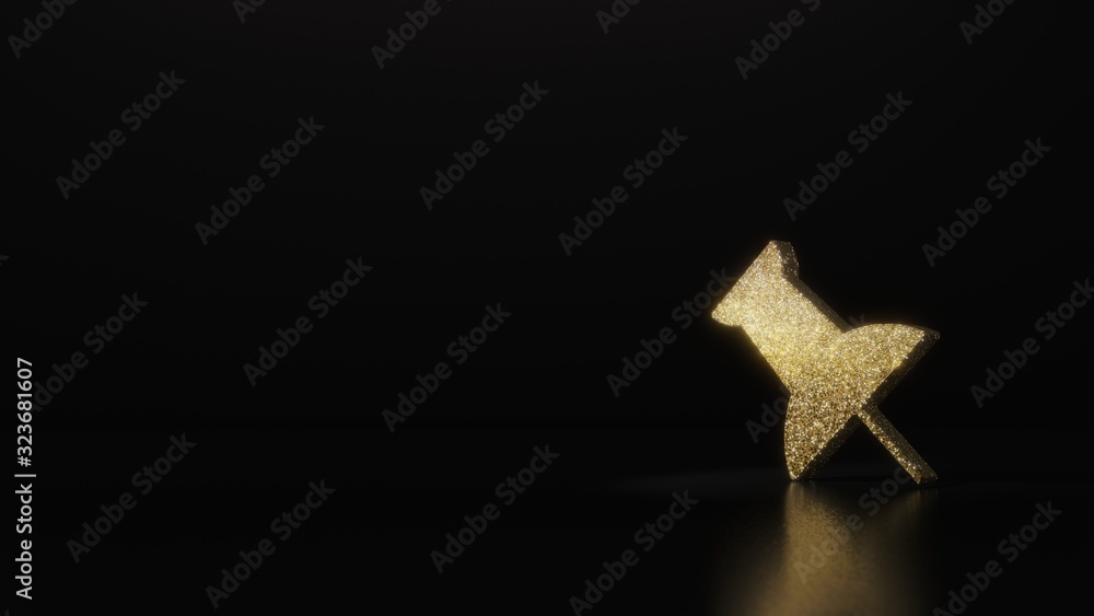 Poster science glitter gold glitter symbol of push pin 3d rendering on dark black background with blurred r