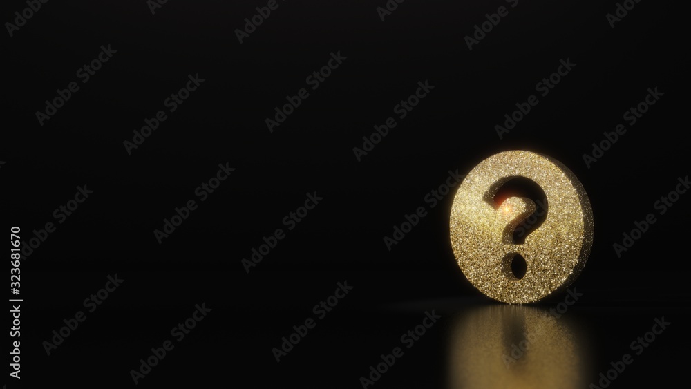 Poster science glitter gold glitter symbol of question circle 3d rendering on dark black background with bl