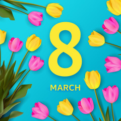 March 8 banner. International Women's Day greeting card. Bold yellow number 8 among realistic pink and yellow tulips on a blue background. Spring, love, women, femininity concept. Vector illustration