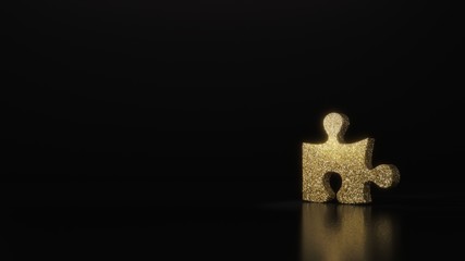science glitter gold glitter symbol of puzzle piece 3D rendering on dark black background with blurred reflection with sparkles
