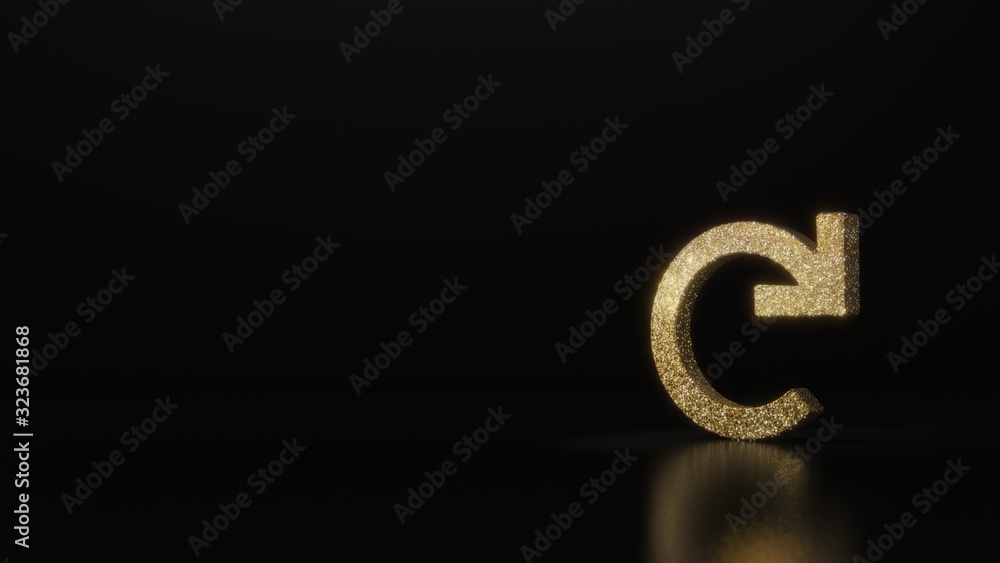 Poster science glitter gold glitter symbol of redo 3d rendering on dark black background with blurred refle