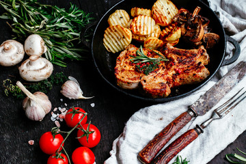 Fried steak with baked potatoes and mushrooms in a pan