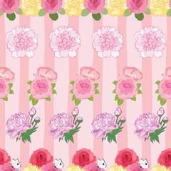 Seamless pattern with roses and peonys on pink stripes
