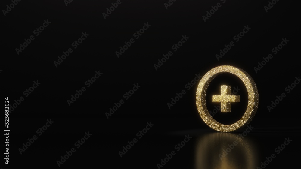 Poster science glitter gold glitter symbol of round 3d rendering on dark black background with blurred refl