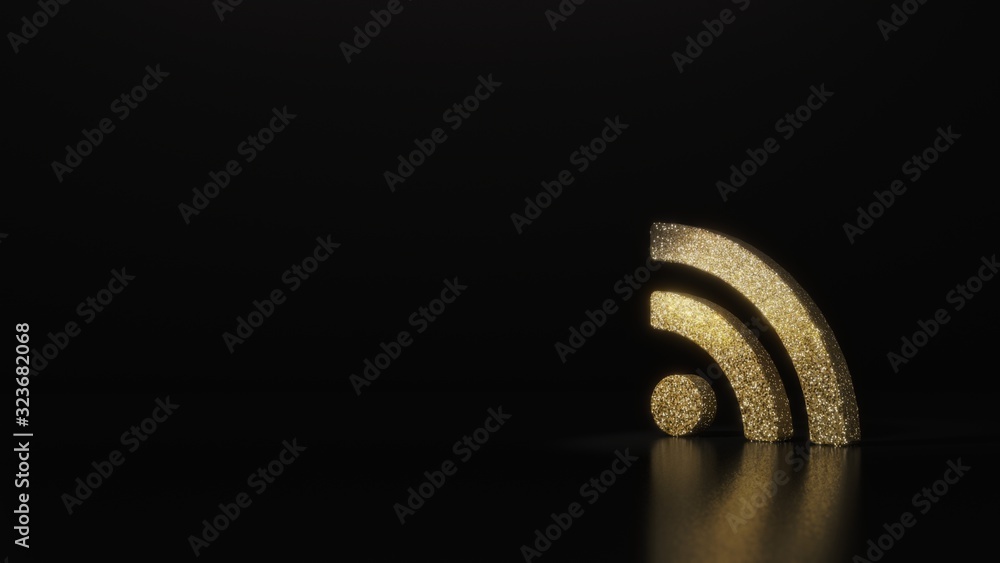 Poster science glitter gold glitter symbol of rss 3d rendering on dark black background with blurred reflec