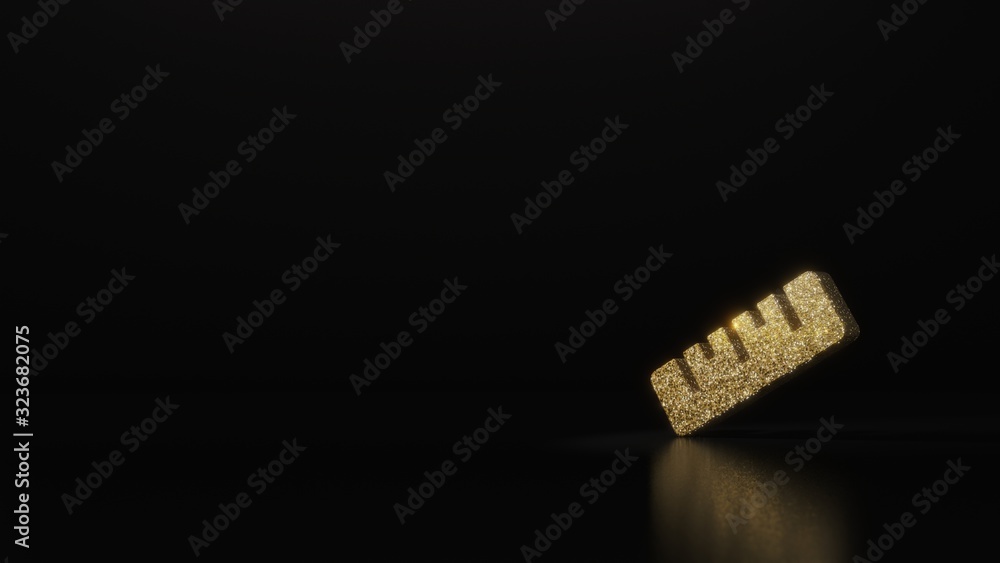 Poster science glitter gold glitter symbol of ruler 3d rendering on dark black background with blurred refl