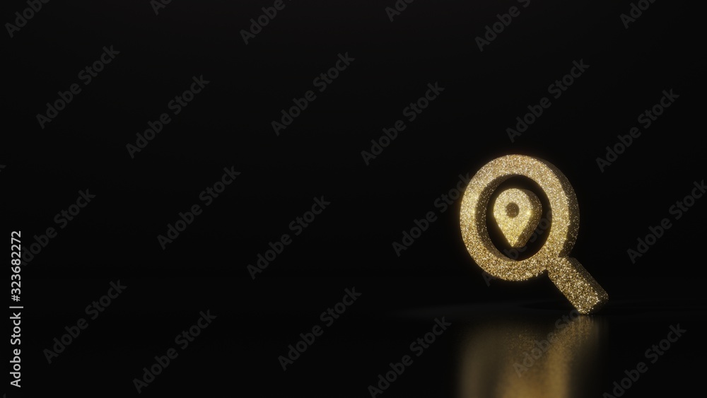 Poster science glitter gold glitter symbol of search location 3d rendering on dark black background with bl