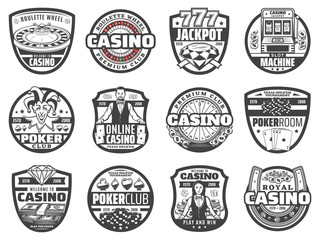 Obraz premium Casino and poker club vector badges of gambling games design. Casino roulette wheels, chips and dice, play cards, slot machine and jackpot 777, money, horseshoe and croupier, joker and diamond symbols