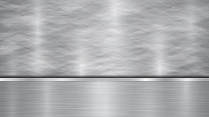 Background in silver and gray colors, consisting of a shiny metallic surface and one horizontal polished plate located below, with a metal texture, glares and burnished edges