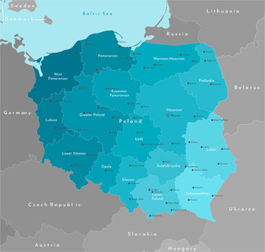 Vector modern illustration. Simplified geographical  map of Poland (in blue colors) and neighboring countries (Germany, Czech Republic, Ukraine and etc. in grey). Names of Polish cities and provinces.